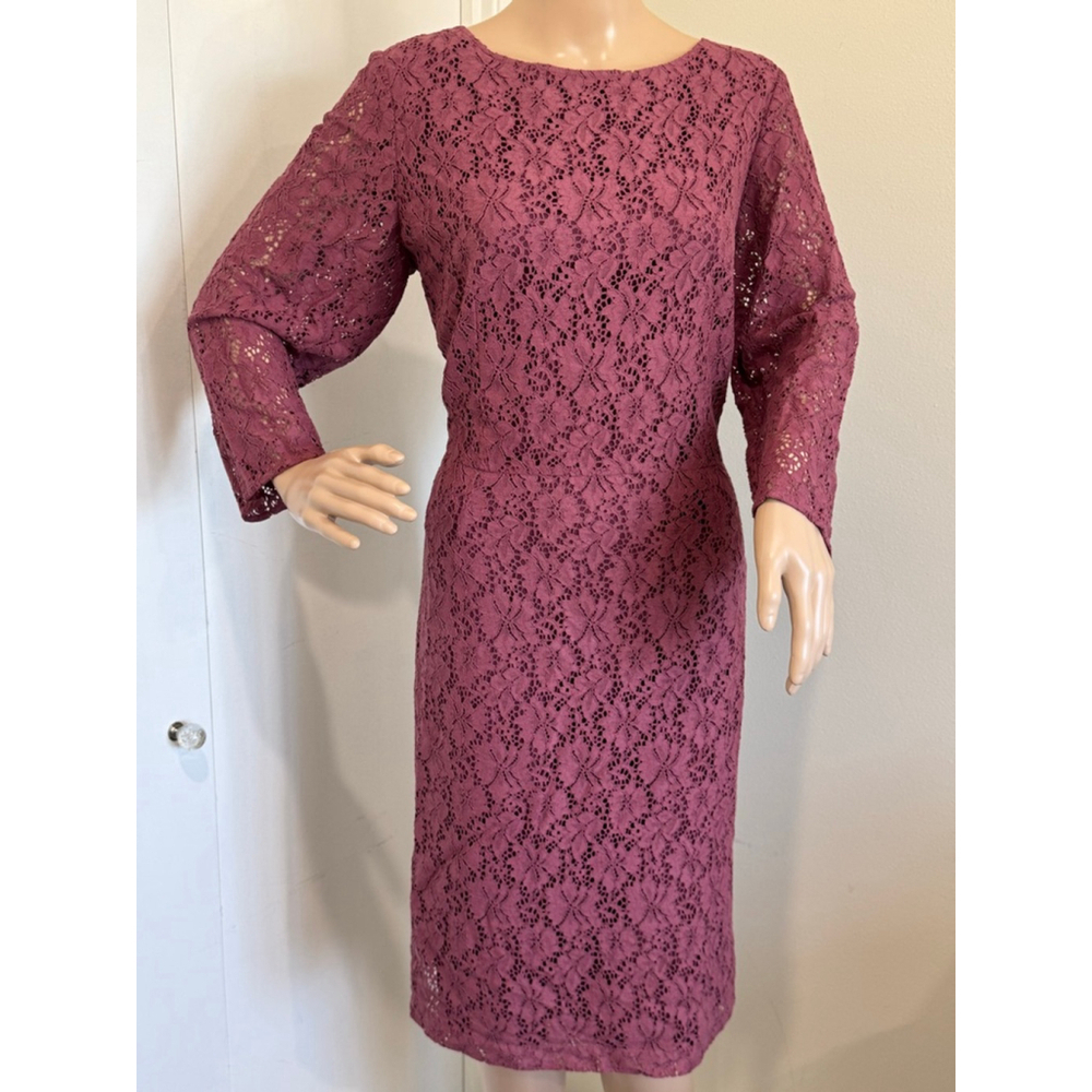 Women's Pendleton rose mauve Lace lined midi sheath long sleeve Dress Size 14